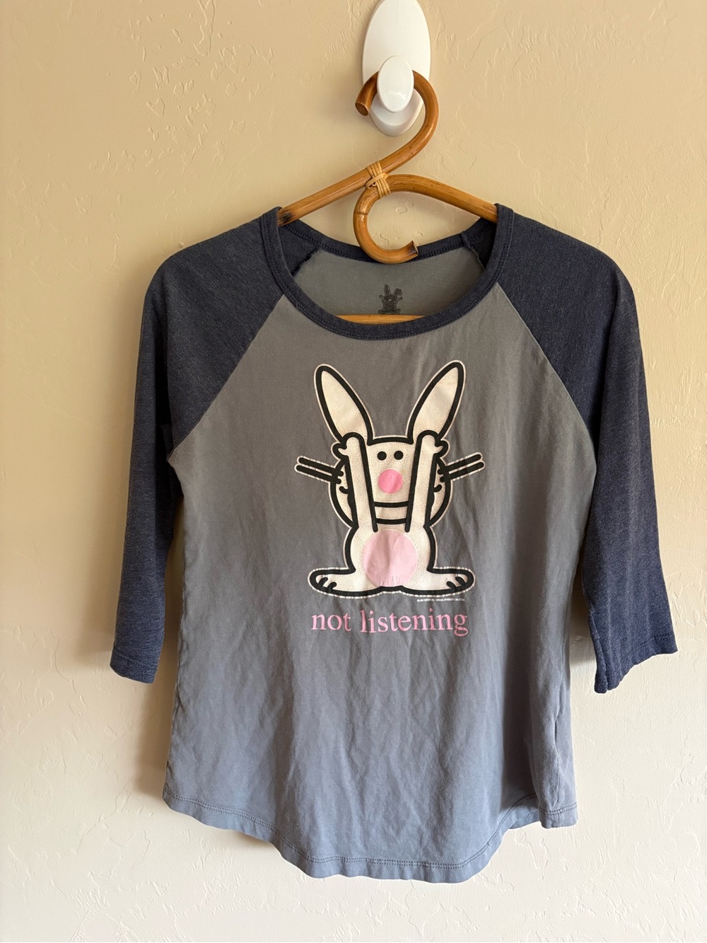 Y2K 2000s Happy Bunny Not Listening Baseball Graphic Tee T-Shirt Grey Blue Large